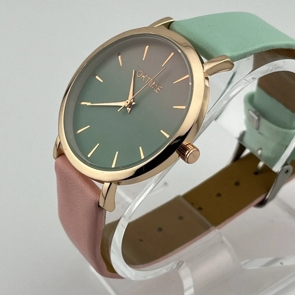 Oktime Watch Women 39mm Rose Gold Cae Pink & Green Band- New Battery‎
